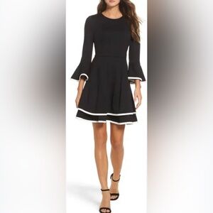 Eliza J Black Dress with White Accents Bell Sleeve Fit & Flare Layered Ponte Fit